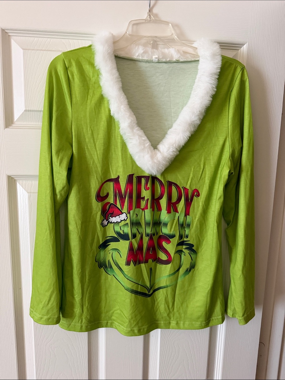 Holiday Lime Green V-Neck Pajama Top with White Faux Fur Trim